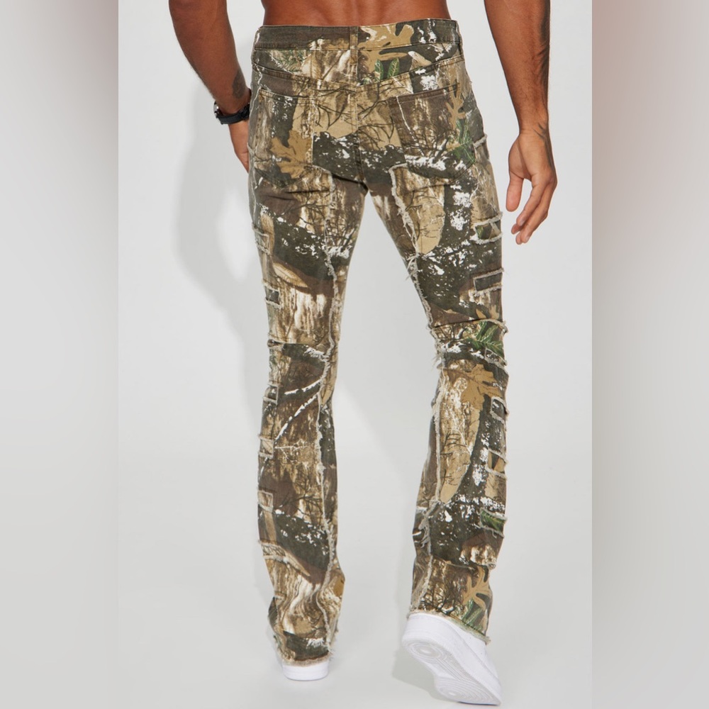 Custom made camo stacked flaired jeans